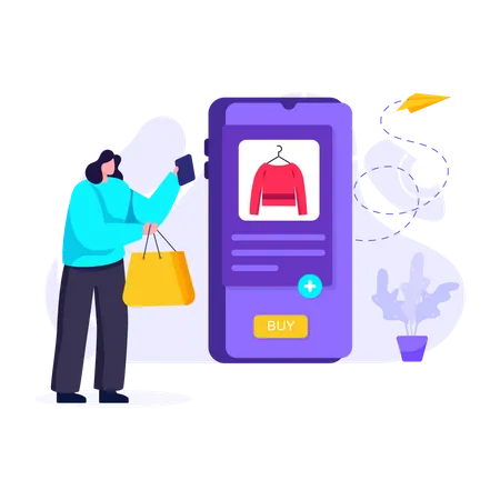 Mujer comprando bolso desde la aplicación de compras en línea  Ilustración