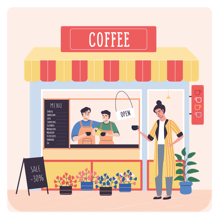 Mujer comprando café en la tienda  Ilustración