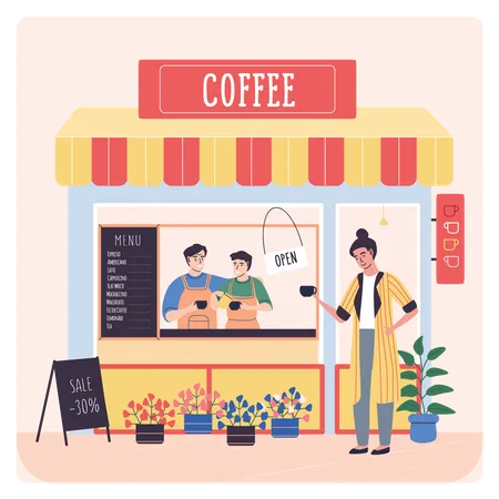 Mujer comprando café en la tienda  Ilustración