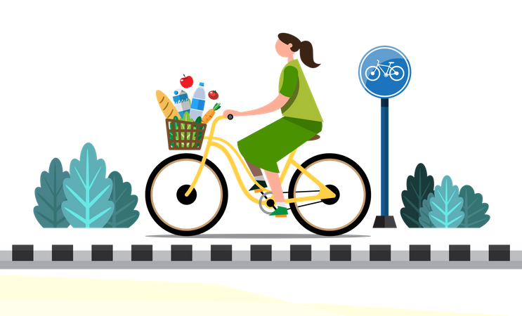 Mujer comprando comestibles andando en bicicleta  Ilustración