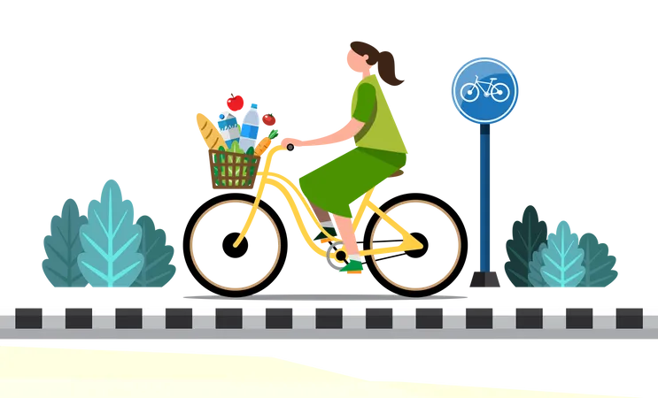 Un Ama De Casa Anda En Bicicleta Para Comprar Alimentos En Los Grandes Almacenes Y Cocinar Para Que Coma La Familia Diseno De Ilustracion Vectorial Plana Ilustración
