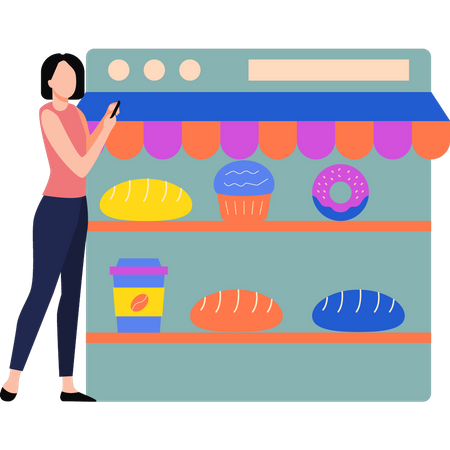 Mujer comprando comida en línea  Ilustración