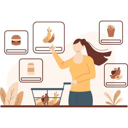 Mujer comprando comida en la tienda online  Ilustración
