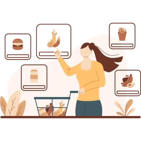 Mujer comprando comida en la tienda online  Ilustración