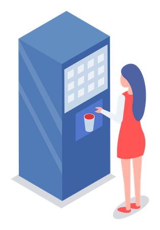 Mujer comprando comida en una máquina expendedora  Ilustración