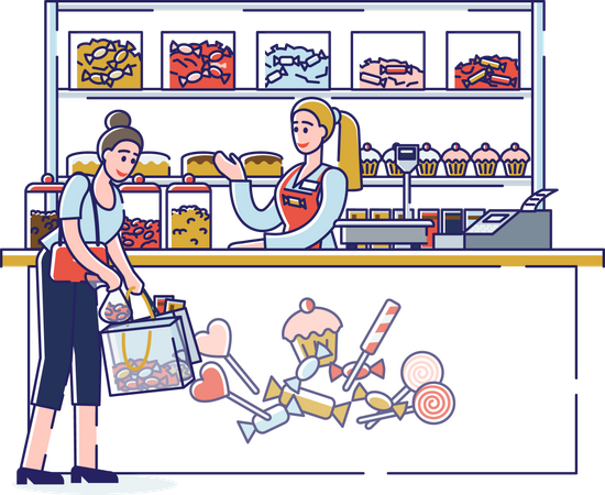 Mujer comprando dulces en una tienda de dulces  Ilustración