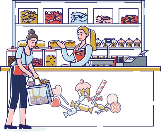 Mujer Comprando Dulces En Una Tienda De Dulces Compradora En Tienda De Confiteria Con Diferentes Dulces Panaderia Pasteles Y Paletas Coloridas Ilustracion De Vector Lineal De Dibujos Animados Ilustración