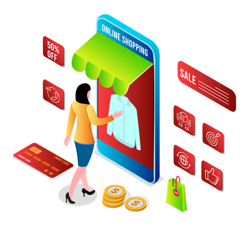 Mujer comprando en línea usando una aplicación móvil  Ilustración