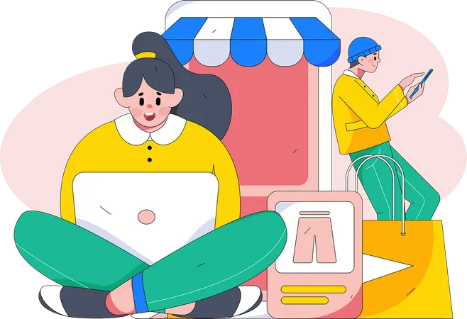 Mujer comprando en línea usando una computadora portátil  Ilustración