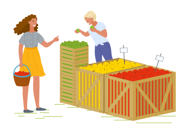 Mujer comprando frutas en el mercado  Ilustración