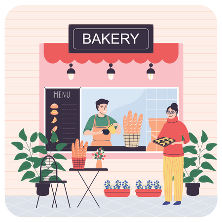Mujer comprando galletas de panadería  Ilustración