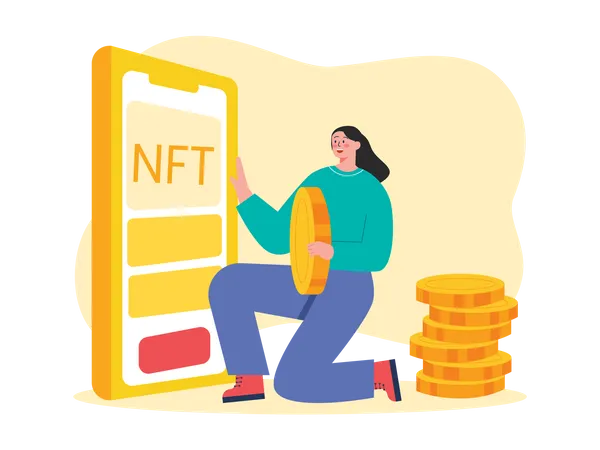 Mujer comprando NFT a través de intercambio móvil  Ilustración