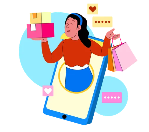 Mujer comprando online con cajas y bolsas  Ilustración