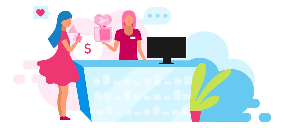 Mujer comprando perfumes en la tienda  Ilustración
