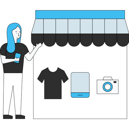 Mujer de compras por tienda móvil  Ilustración