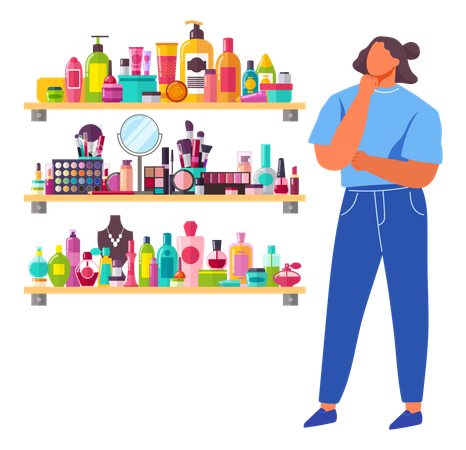 Mujer comprando productos cosméticos  Ilustración