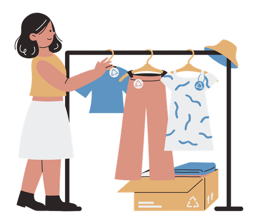 Mujer comprando ropa de segunda mano  Ilustración