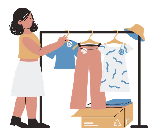 Mujer comprando ropa de segunda mano  Ilustración