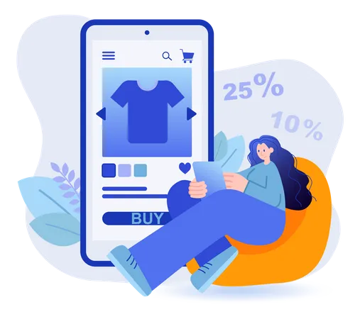 Mujer comprando ropa desde la aplicación de comercio electrónico  Ilustración