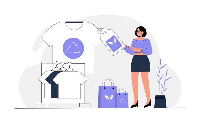 Mujer comprando ropa hecha con material reciclado.  Ilustración