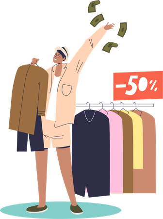 Mujer comprando ropa nueva con 50 por ciento de venta.  Ilustración
