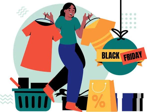 Mujer comprando ropa con descuento  Ilustración