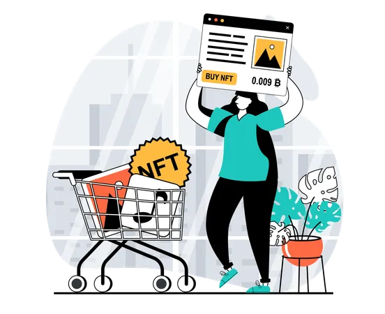 Mujer comprando token nft  Ilustración