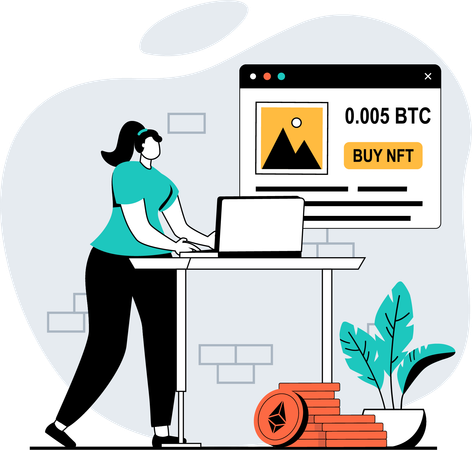 Mujer comprando token nft en el mercado  Ilustración