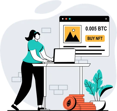 Mujer comprando token nft en el mercado  Ilustración