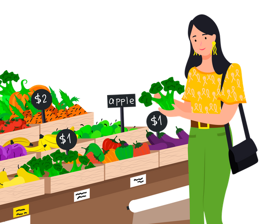 Mujer comprando comestibles de verduras frescas  Ilustración