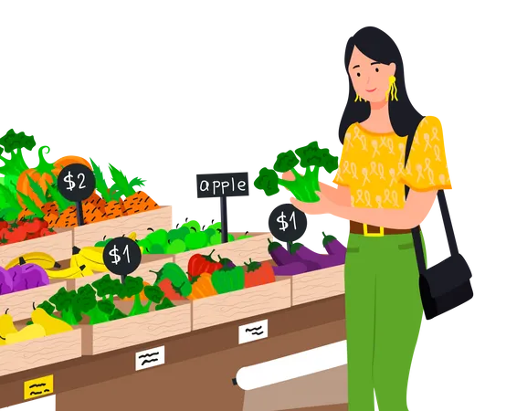 Mujer comprando comestibles de verduras frescas  Ilustración