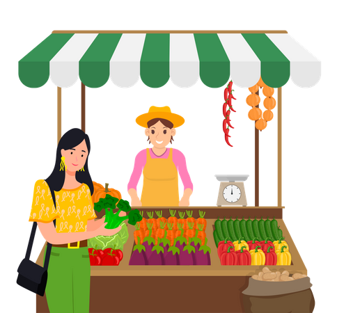 Mujer comprando verduras frescas a un vendedor ambulante  Ilustración