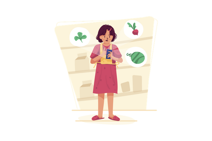 Mujer comprando verduras en línea  Ilustración