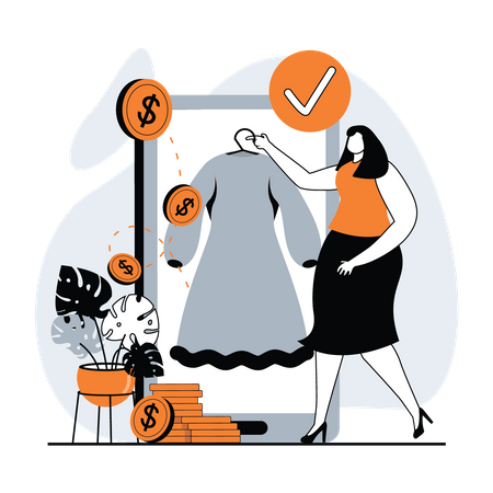 Mujer comprando vestido en el móvil  Ilustración