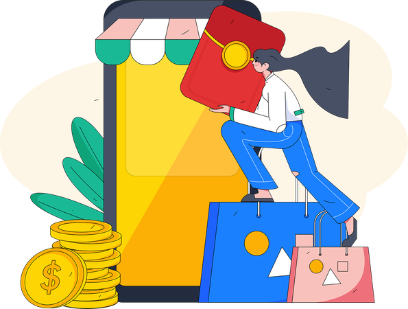 Mujer de compras en línea  Ilustración