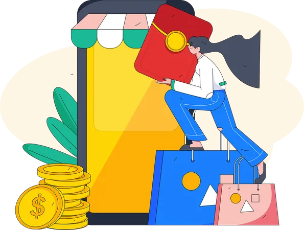 Mujer de compras en línea  Ilustración