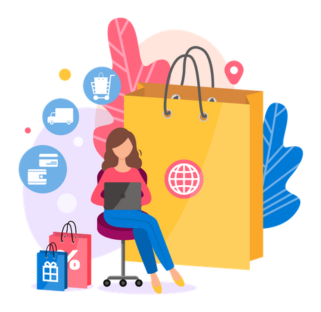 Mujer de compras en venta  Ilustración