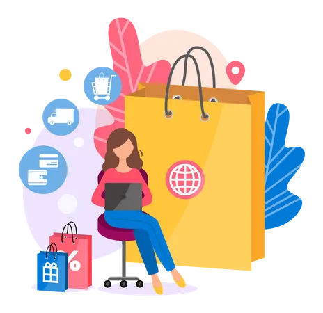 Mujer de compras en venta  Ilustración