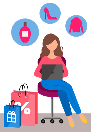 Mujer de compras en línea  Ilustración