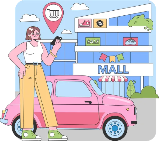 Mujer comprobando la ubicación del centro comercial en el móvil  Ilustración