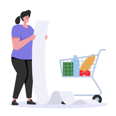 Mujer revisando recibo de compras  Ilustración