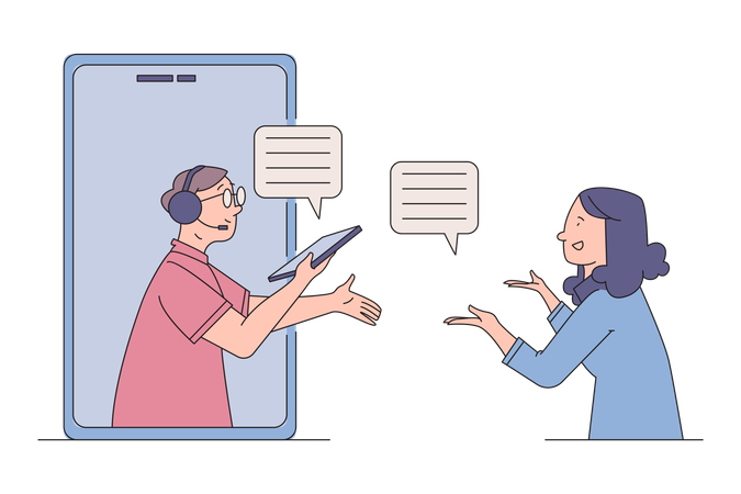 La mujer se comunica con el agente de atención al cliente en la aplicación  Ilustración