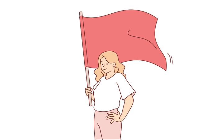 Mujer comunista sostiene una bandera roja que defiende la igualdad de clases o el fortalecimiento de los sindicatos  Ilustración