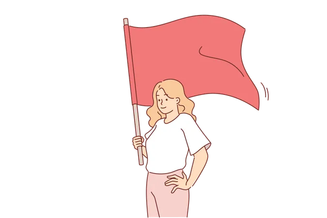 Mujer comunista sostiene una bandera roja que defiende la igualdad de clases o el fortalecimiento de los sindicatos  Ilustración