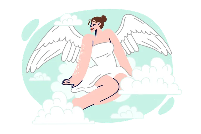 Mujer con alas de ángel se sienta en las nubes y mira hacia un lado  Ilustración