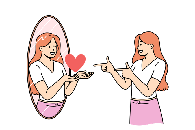 Mujer con alta autoestima se mira en el espejo y ve el reflejo con el corazón como metáfora del amor propio  Ilustración