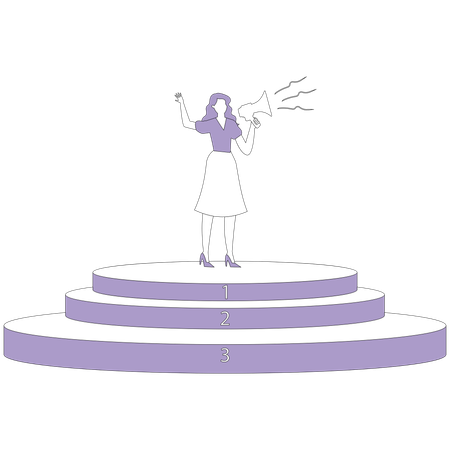 Mujer con altavoz de pie sobre un pedestal  Ilustración