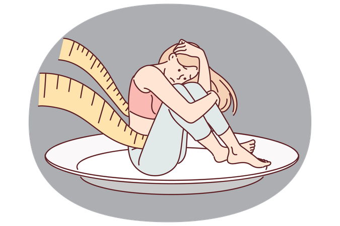 Mujer con anorexia sentada en un plato gigante con cinta métrica alrededor de la cintura  Ilustración
