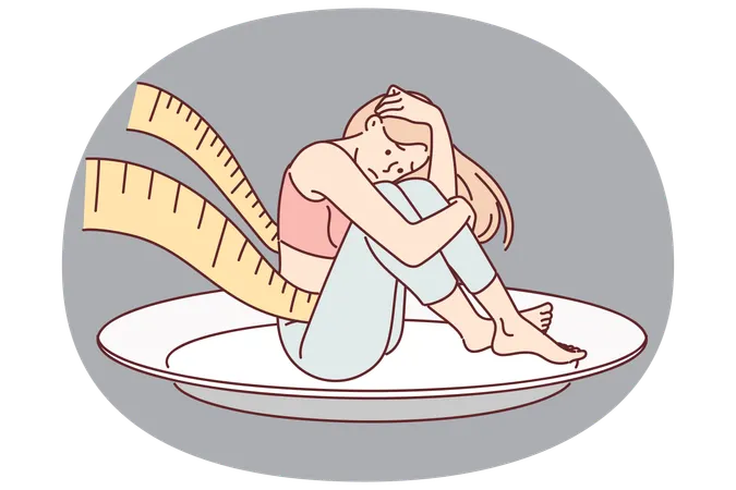 Mujer con anorexia sentada en un plato gigante con cinta métrica alrededor de la cintura  Ilustración
