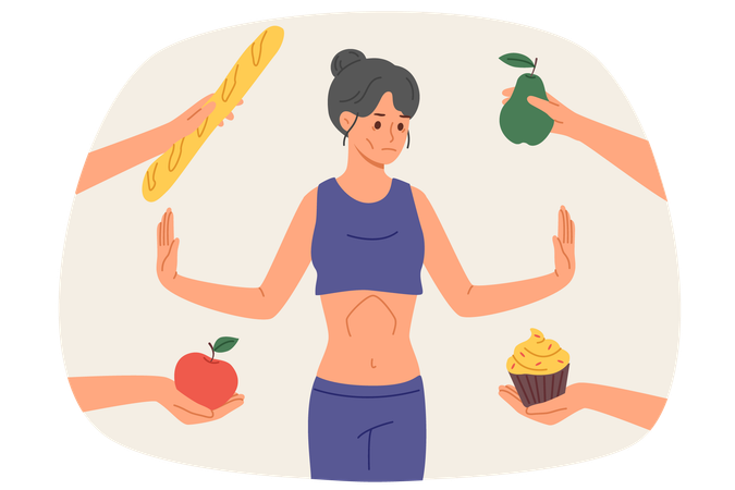 Mujer con anorexia y distrofia se niega a comer parada entre manos con frutas y pasteles  Ilustración